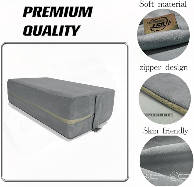 NGT new guide steps Yoga Bolster Pillow for Meditation and Support - 20"*12"*6" Rectangular Yoga Cushion Foam Wedges Washable Suede Pillowcase for Men and Women with Carry Handles. (Grey)
