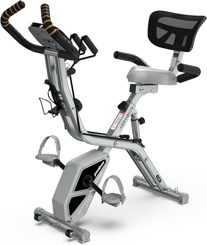 pooboo Folding Exercise Bike, Foldable Upright Stationary Bike, Indoor Cycling Magnetic X-Bike with 8-Level Adjustable Resistance, 6.6 LBS Flywheel, 300LB Capacity, Back Support Cushion for Home Gym