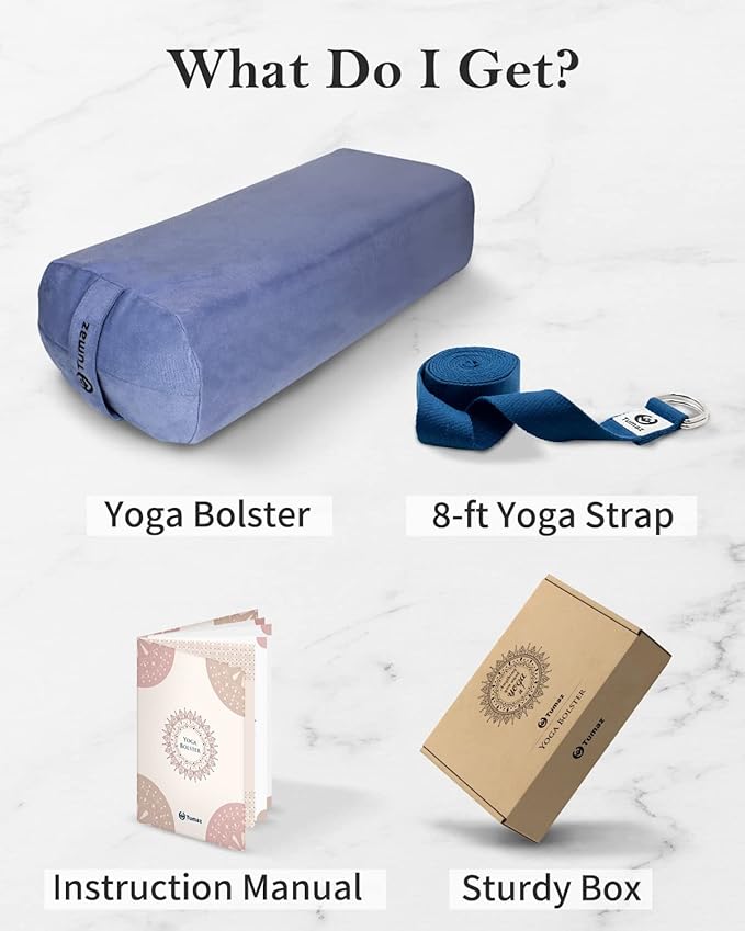 Tumaz Yoga Bolster Set - Rectangular Bolster Pillow for Restorative Yoga, Soft Meditation Pillow with Carry Handle and 8-Feet Strap, Machine Washable Cover