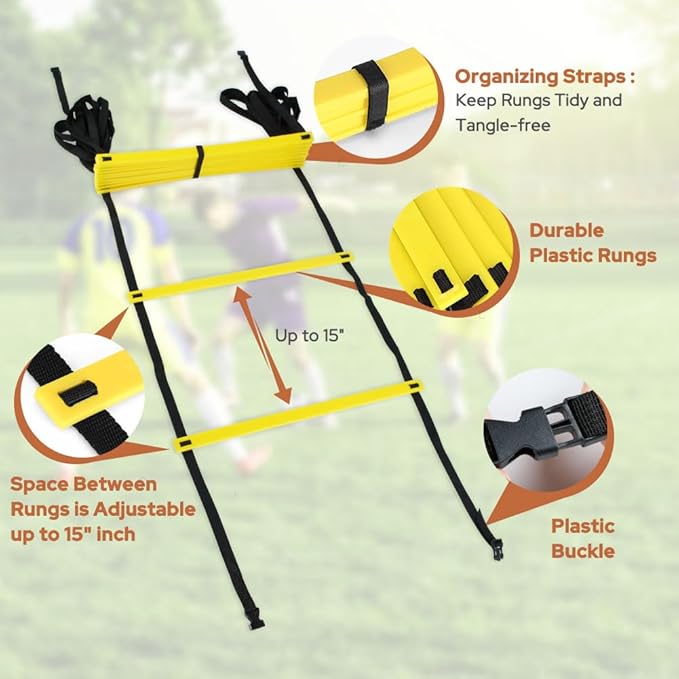 GHB Agility Ladder 1 Pack and 7 Inch 12 Pack Soccer Cones 2 Carrying Bag