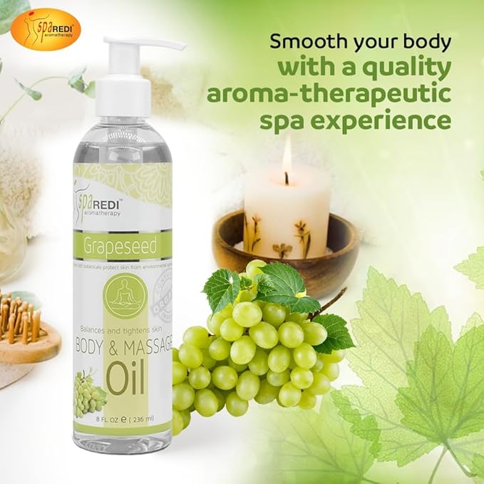 SPA REDI - Massage Oil, Grapeseed, 8 Oz - Professional Full Body Massage Therapy, Manicure, Pedicure - Relax Sore Muscles and Repair Dry Skin, Enhanced with High Absorption Oils and Vitamin E