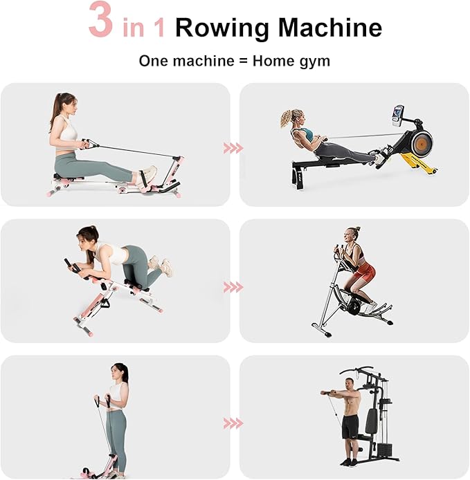 TOUSAINS 3 in 1 Ab Machine, Foldable Rowing Machine & Cable System, Core Trainer for Abdominal Workout, 4-Level Height & 2 Resistance Levels, All-in-One Home Gym Equipment for Weight Loss & Sculpting