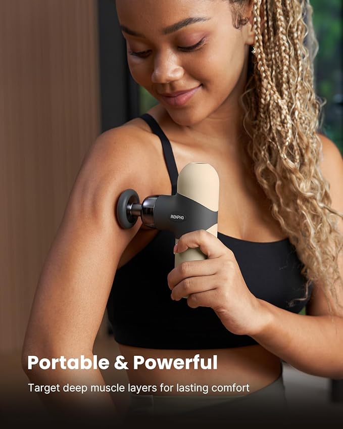 RENPHO Mini Thermal Massage Gun with Heat, Portable Deep Tissue Percussion Massager with 4 Heads for Neck & Back Comfort, Ultra-Quiet Operation for Home, Office & Travel, Includes Compact Carry Case