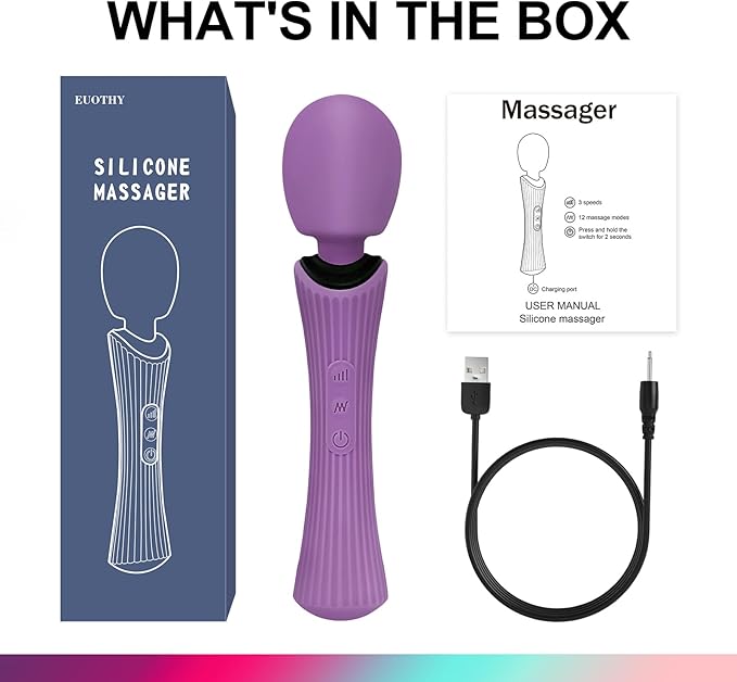 Handheld Wand Massager - Rechargeable Cordless Body Massager with 12 Vibration Patterns & 3 Speeds - Waterproof Silicone Percussion Massager for Neck, Shoulder, Back Muscle Relief - Rose Purple