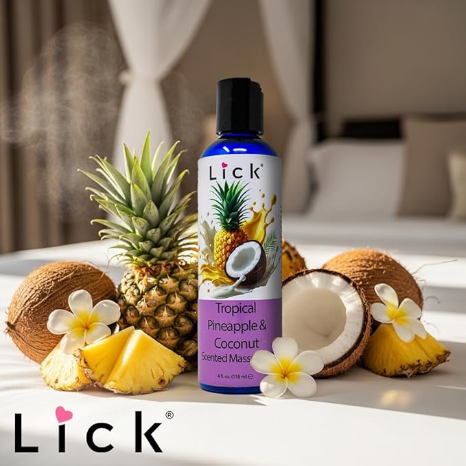 Lick Tropical Coconut and Pineapple Massage Oil – Island-Inspired Edible Massage Oil with Almond Oil & Vitamin E, Smooth Glide for Couples Massage Escapes, 4 oz