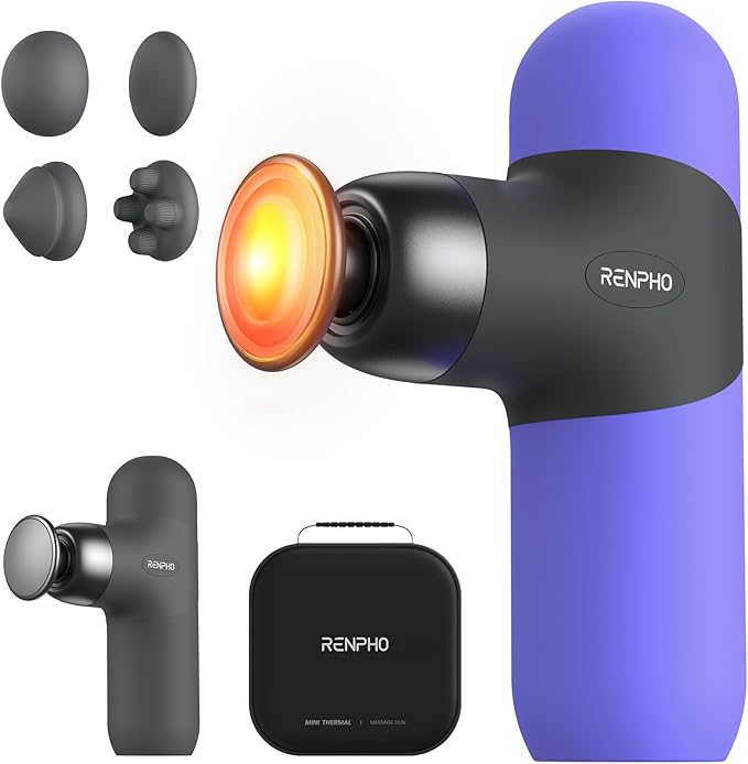 RENPHO Mini Thermal Massage Gun with Heat, Portable Deep Tissue Percussion Massager with 4 Heads for Neck & Back Comfort, Ultra-Quiet Operation for Home, Office & Travel, Includes Compact Carry Case