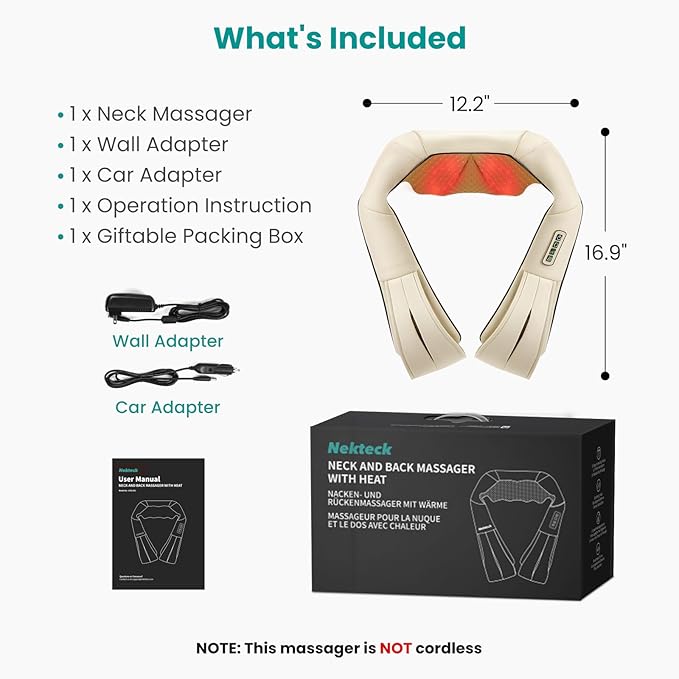 Nekteck Shiatsu Neck Massager with Heat for Pain Relief Deep Tissue, 2026 Upgraded 3D Back Shoulder Kneading Massage Pillow, Body Muscle Relaxation Tools Gifts for Him Her, Beige (NOT Cordless)