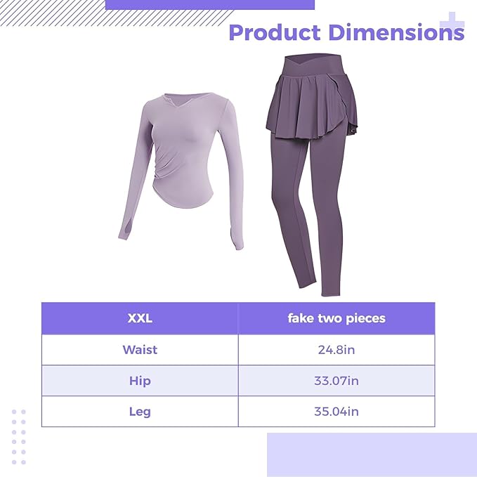 Women'S Black Two-Piece Pilates Set Xxl, Long Sleeve Top With Skirt And Leggings, Sweat-Wicking, Breathable, For 135-150 Lbs