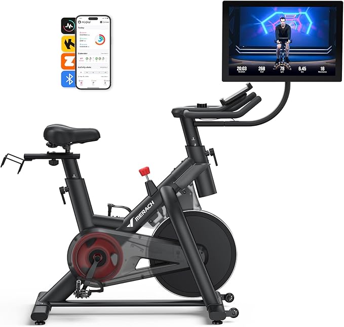 Merach Magnetic Exercise Bike, Heavy Duty Stationary Bike with Automated Resistance, 350 Lbs Weight Capacity, Low Noise Indoor Workout Bike for Home Gym with Self-Developed App