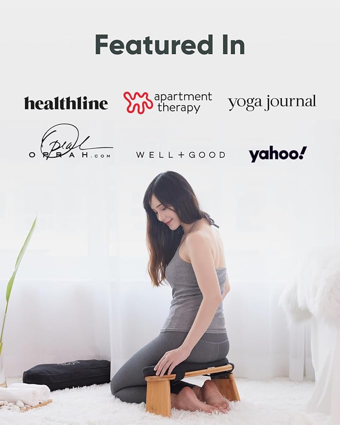 Mindful Modern Folding Meditation Bench - Bamboo Kneeling Stool w/Locking Magnetic Hinges - Prayer Kneeler Seiza Chair w/Soft Pillow & Travel Bag