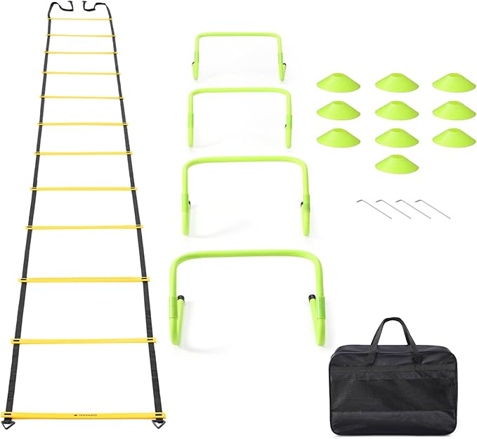 Navaris Agility Ladder Set with Hurdles - Complete Kit - 4 Adjustable Height Hurdles - Indoor or Outdoor Speed Agility Training - 10 Disc Cones - Yellow