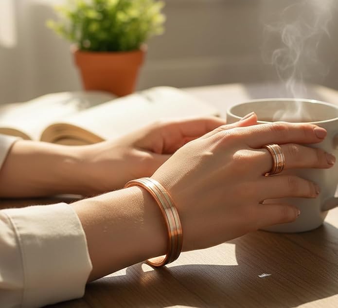 Handcrafted Copper Magnetic Hand Forged with Solid and High Gauge Tibetan Style Minimalistic Elegance Copper Bracelet and Matching Ring.