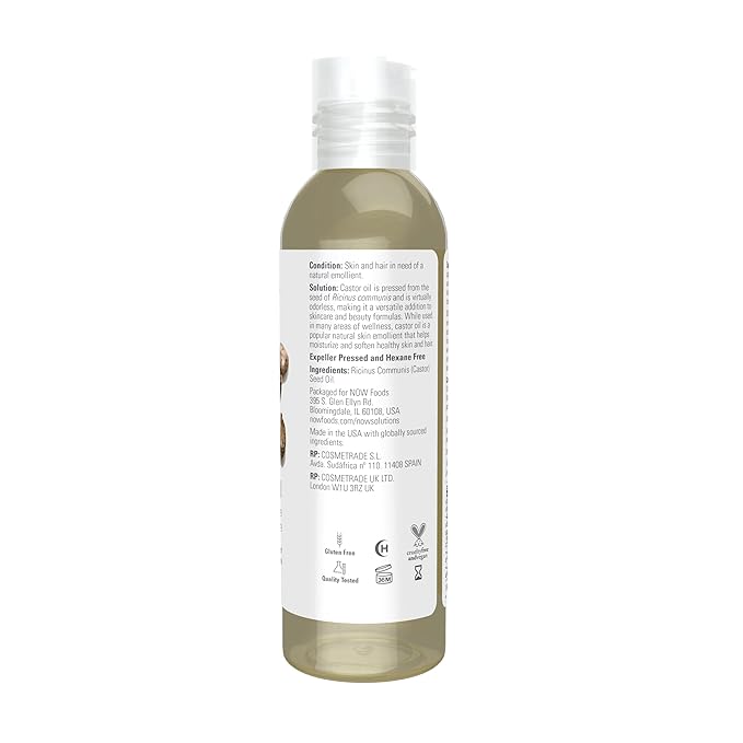 NOW Foods Solutions, Castor Oil, 100% Pure Versatile Skin Care, Multi-Purpose Skin Softener, 4-Ounce
