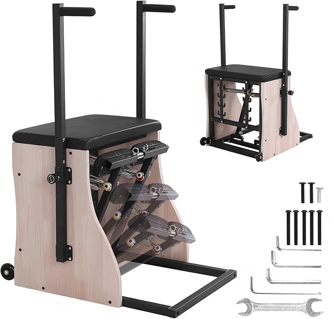 Generic Oak Wood Pilates Chair Split-Pedal Stability Combo Chair with Resistance Bands Handles and Split Pedals for Compact Home Gym Equipment Full-Body Workout