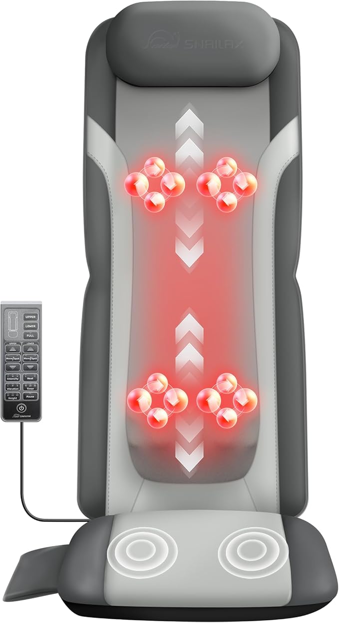 Snailax Gifts for Men Women Chair Back Massager for Full Back Pain Relief Deep Tissue, Vibration Heated Seat Cushion Long Track Dual 3D Shiatsu Rollers, 3 Height Settings Foldable Massage Chair Pad