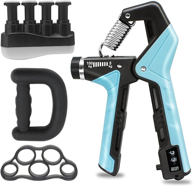 Hand Grip Strengthener - Adjustable Resistance 11-220Lbs Forearm Strength Trainer with Counting, Silicone Grip Ring & Hand Exercise for Quickly Increasing Wrist Forearm and Finger Strength Combo Set