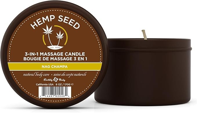 Hemp Seed 3-in-1 Massage Candle, Nag Champa Scent - 6 oz. - Candle, Massage Oil & Moisturizer in One - Hemp Seed, Coconut, Apricot & Soybean Oil - Vegan & Cruelty Free