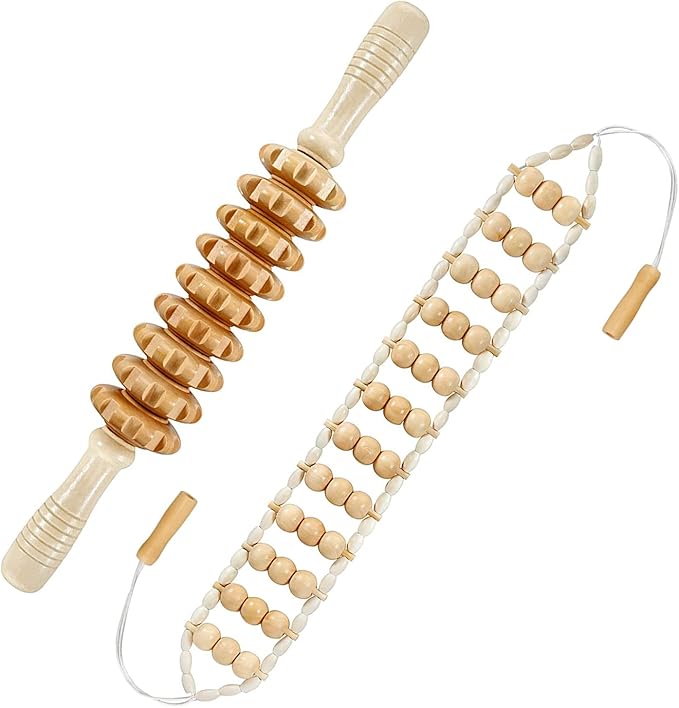 2 in 1 Wooden Back Massager Roller Rope & Handheld Roller Massager Stick, Relax Fascia, Cellulite, Muscle, Back & Abdomen, Therapy Lymphatic Anti Cellulite Muscle Recovery Massage Tool