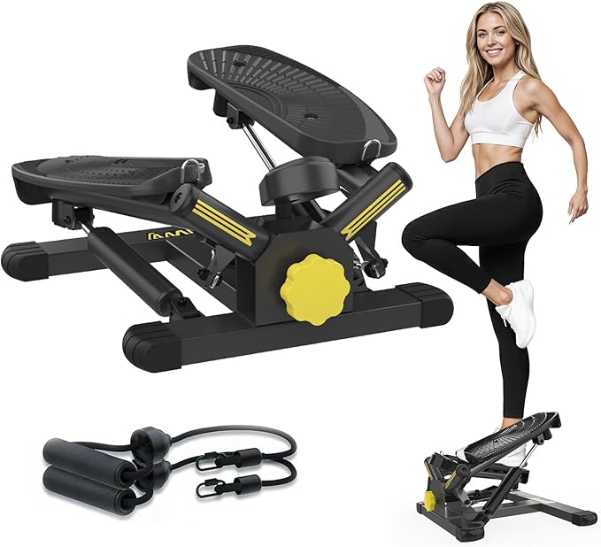 Stepper Machine with Resistance Bands, Mini Stepper with 300LBS Weight Capacity, Twist Stepper for Full Body Workout, Adjustable Step Height, Smooth and Quiet, Step Machine for Men Women