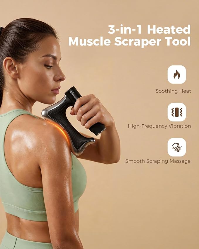 Heated Muscle Scraper, 3 Adjustable Intensity Modes with LED Display, 38-46℃ Warm Therapy & Vibration, Full Body Use Ergonomic Design, Rechargeable Wireless (Black)