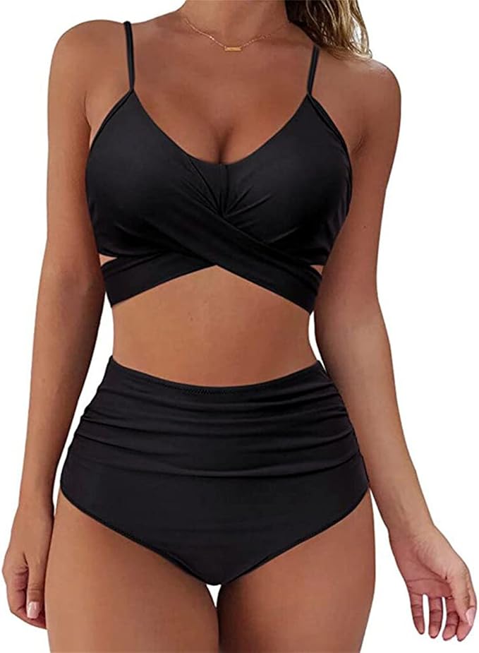 Womens Front Cross Ruched Bikini Set Twist Wrap Swimwear High Waisted Bottoms Print Straps Push Up Swimsuits