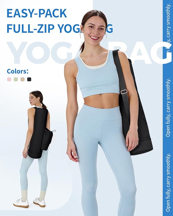 sportsnew Puffy Yoga Mat Bag Yoga Gym Bags for Women Men, Full-Zip Pilates Bag with Wet Pocket & Side Zip Drawstring Pocket Fits Tumblers with Handle, Yoga Mat Storage for Carrier Quick Access