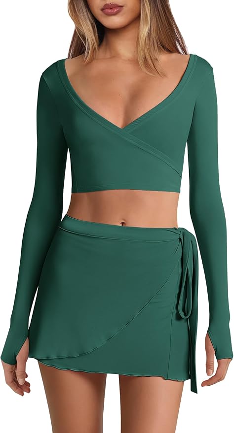 Nirovien Womens 2 Piece Workout Sets Sexy Pilates Outfits Athletic Gym Yoga Sets Ballet Wrap Top and Skirt