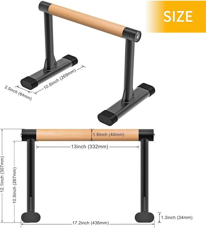 Kipika Parallette Bars for Calisthenics - Push Up & Dip Bar with Wood Handles, Rock-Free Support for Handstand, L-Sit & Home Strength Training, 600LB Capacity, 12" Height