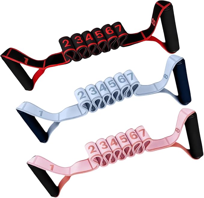 3 Pack Fitness Resistance Bands with Handles, Numbered Resistance Band, 8-Section Elastic Training Bands for Yoga, Stretching, Pilates, Fitness