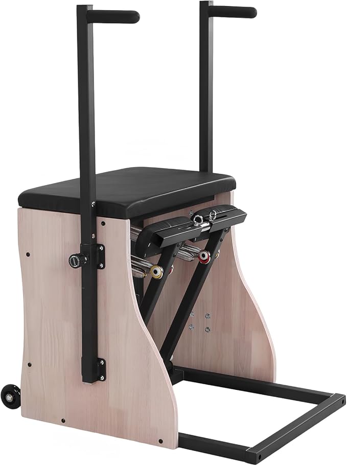 Oak Wood Pilates Chair Split-Pedal Stability Combo Chair with Resistance Bands Handles and Split Pedals for Compact Home Gym Equipment Full-Body Workout
