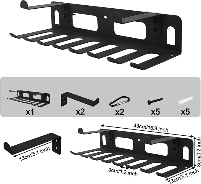 Multi-Purpose Gym Equipment Storage Rack, Stainless Steel Rack Holder Organizer Wall Mount with Screws Home Gym Organization Accessories for Foam Rollers Straps Jump Ropes Yoga Mat (Black)