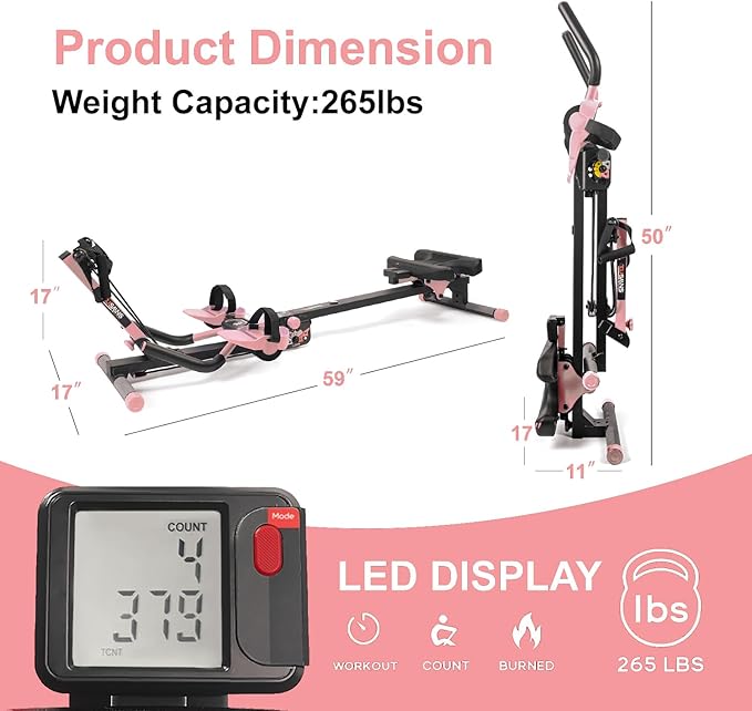 Tousains 3 in 1 Foldable Rowing Machine, AB Machine with 3 Level Angle & Led Monitor, Multi-Functional Rower Fitness Equipment Home Gym Full Body Fitness Machine