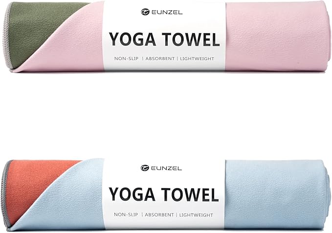Eunzel 2 Pack Hot Yoga Towel, Reversible Two-Tone Non-Slip Yoga Mat Towel, Sweat Absorbent for Hot Yoga, Pilates and Workout, 72" x 26.5", Sedona Red& Blue/Army Green& Pink