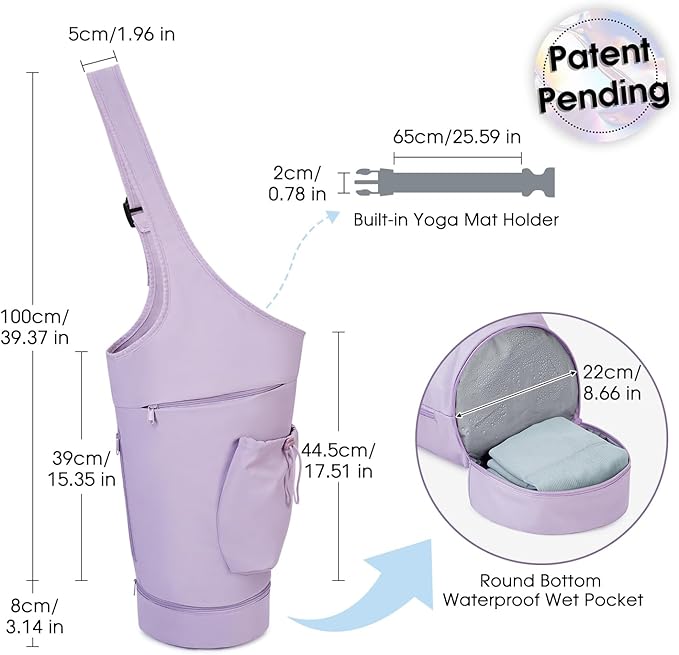 sportsnew Yoga Mat Bag, Large Opening Long Tote Yoga Mat Carrier Holder Bag with Waterproof Wet Pocket and Drawstring Water Bottle Pocket, Adjustable Shoulder Strap Storage Bag, patent pending