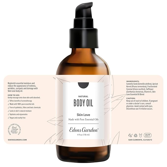 Edens Garden Skin Love Bath & Body Oil – Anti-Aging Blend with Pure Essential Oils & Vitamin E for Smooth, Hydrated Skin – Natural Moisturizer for Scars, Wrinkles & Stretch Marks, 4 fl oz (118 ml)