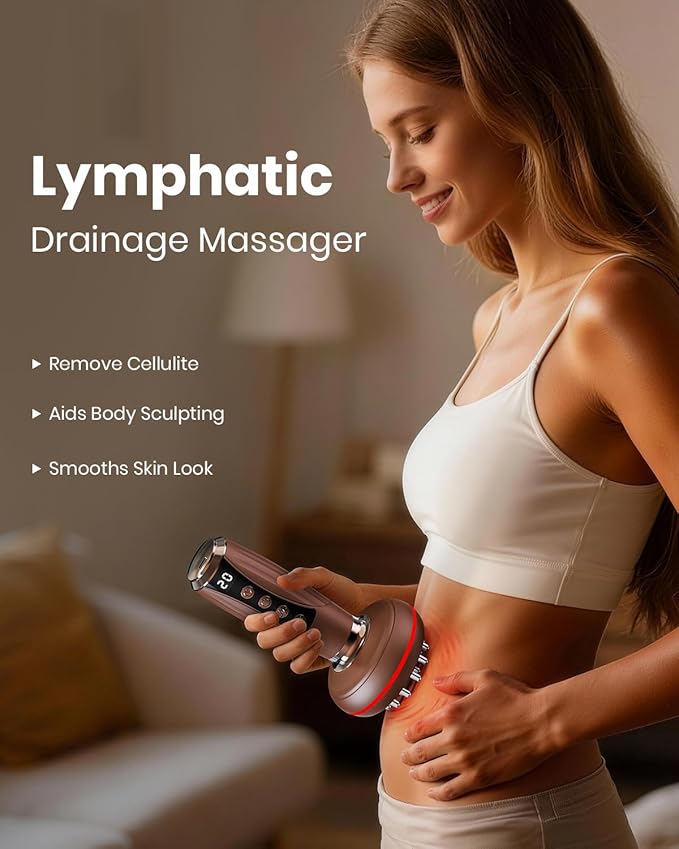 4-in-1 Lymphatic Drainage Massager & Anti Cellulite Massage Tool, Body Sculpting Massager for Legs, Arms & Belly, Reduce Cellulite, Stretch Marks with Heat, Light & Vibration, Mocha Brown