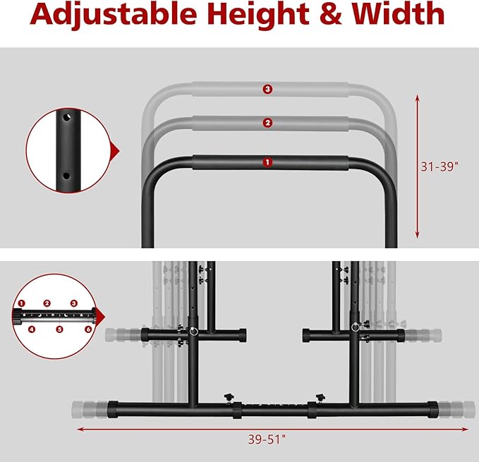 Dip Stand Station Heavy Duty Dip bar Adjustable Height/Width Fitness Workout for Tricep Dips, Pull-Ups, Push-Ups