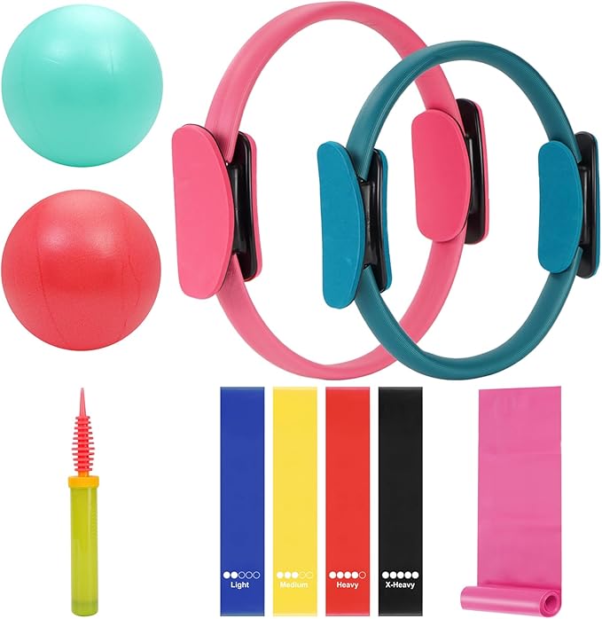 Pilates Ring Fitness Circles Set, Dual Padded Handles Home Pilates Equipment Set for Women Includes 2 Pilates Ring, 2 Pilates Mini Ball, and 5 Resistance Bands at Home Pilates Workout Set