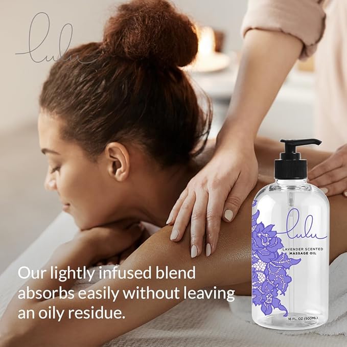 Lulu Lavender Massage Oil with Jojoba & Lavendar Oils, Nourishing Aromatic Non-Greasy Body Oil, Smooth Skin & Relaxation, Aromatherapy for Date Night, Couples Massage & Massage Therapy, 16 fl oz Pump