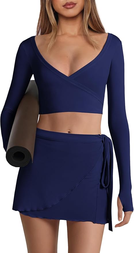Nirovien Womens 2 Piece Workout Sets Sexy Pilates Outfits Athletic Gym Yoga Sets Ballet Wrap Top and Skirt