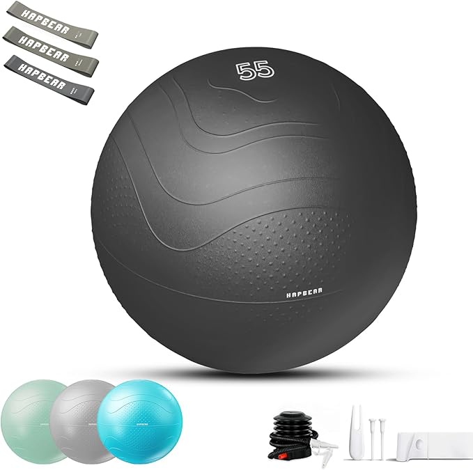 HAPBEAR Exercise Ball (22''/26''/30'') - Anti-Burst Slip-Resistant Yoga/Pilates Ball for Core Training & Posture Improvement, Home Gym/Rehab/Pregnancy Ball, Quick Pump & 3 Resistance Bands Included