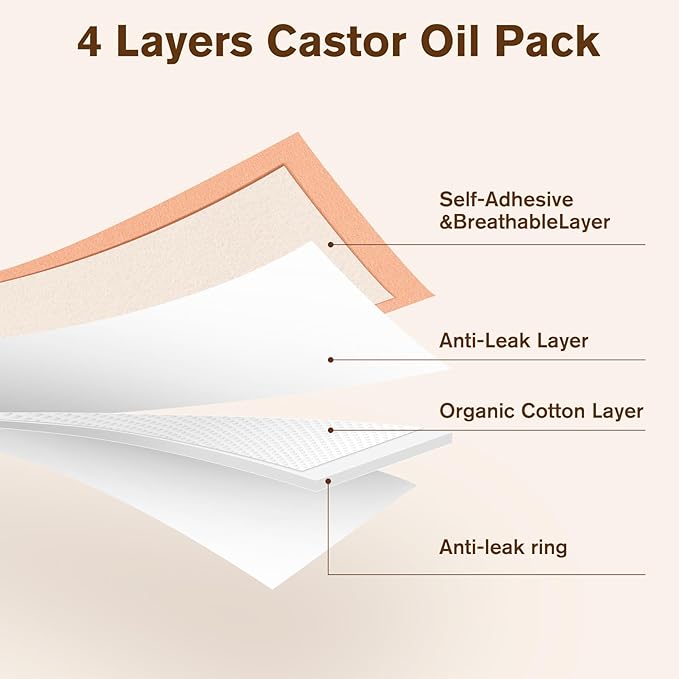 Castor Oil Pack with 8oz Castor Oil Organic Cold Pressed, Cotton Castor Oil Wrap for Waist Back Neck Arm, Self-Adhesive for Convenient Use (50pcs Patch with Oil)