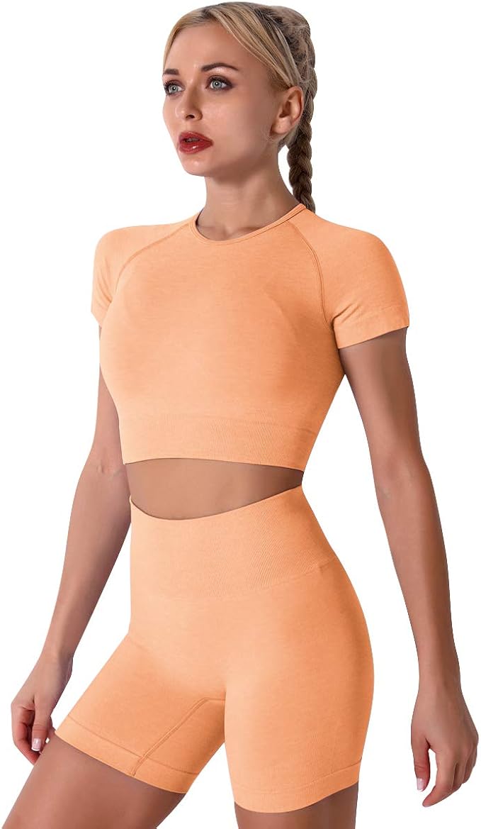 IMEKIS Women's Yoga Outfit Seamless Workout Set High Waist Exercise Shorts Pants with Sport Crop Top Bra 2PCS Gym Tracksuits