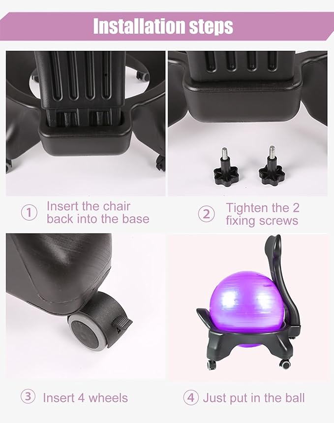 Yoga Ball Chair Base Only with Wheels, Exercise Ball Chair with Back Support, Ergonomic Rolling Base for 55cm (21 5/8") Pilates Ball