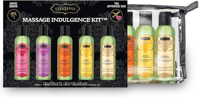 Kama Sutra Massage Indulgence Kit Five Massage Oils - Fragranced with Essential Oils Massage Oil for Body - Sensual Massage Couples, Women, Men, Wife, Husband, Valentine Gift