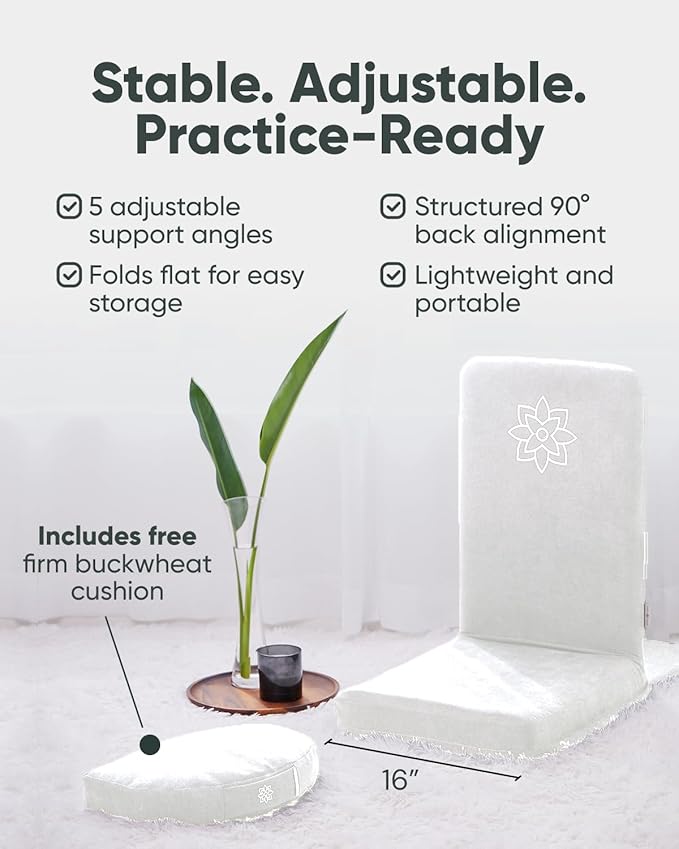 Mindful Modern Folding Pro Meditation Chair - Adjustable Meditation Seat with Back Support and Half Moon Buckwheat Meditation Cushion - Comfortable Mindfulness Living Room Floor Chair