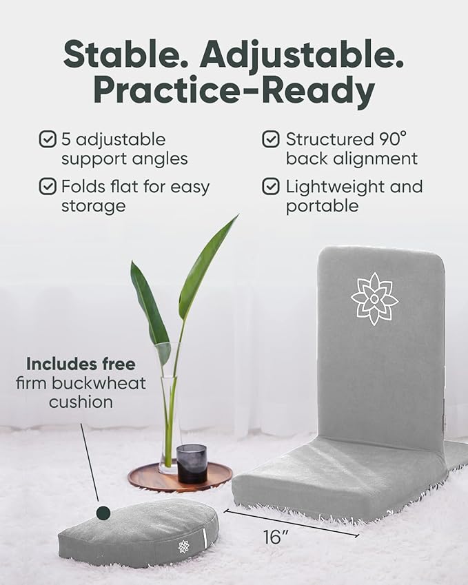 Mindful Modern Folding Pro Meditation Chair - Adjustable Meditation Seat with Back Support and Half Moon Buckwheat Meditation Cushion - Comfortable Mindfulness Living Room Floor Chair