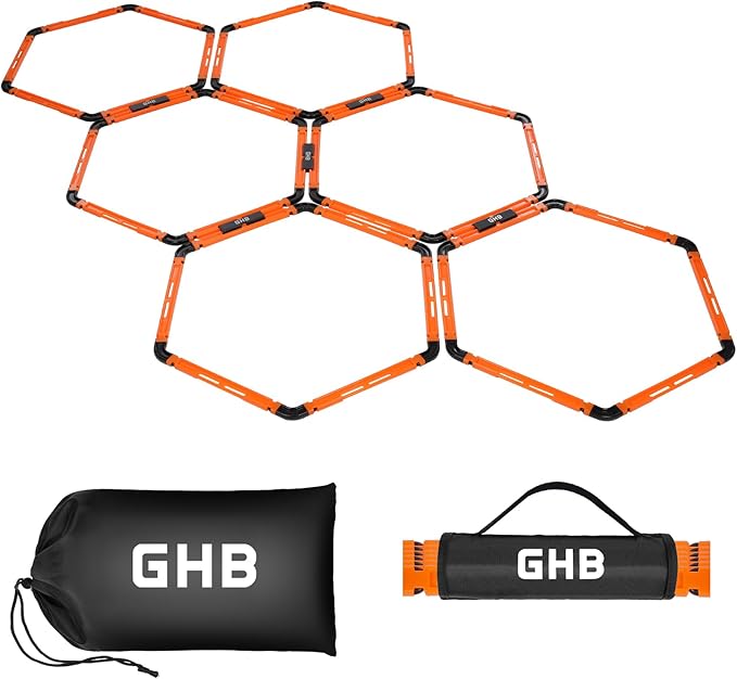 GHB Agility Ladder 1 Pack and Hex Agility Rings 1 Pack 12 Rung 20ft with 3 Carrying Bag
