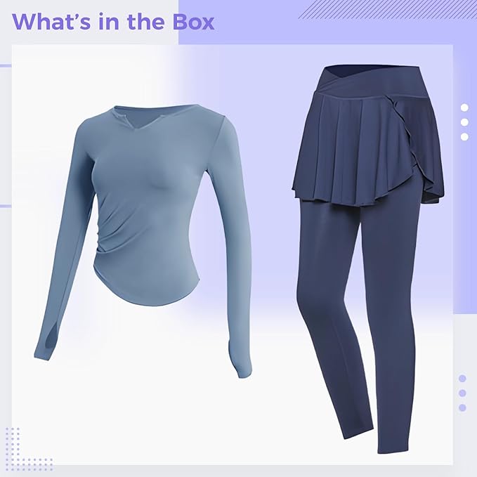 Women'S Black Two-Piece Pilates Set Xxl, Long Sleeve Top And Skirt With Leggings, Breathable And Sweat-Wicking, For 135-150 Lbs