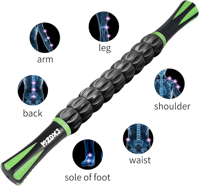 Muscle Roller Massage Roller Stick- Deep Tissue Fascia Blaster for Myofascial Pain Relief, Lymphatic Drainage & Body Sculpting, Handheld Physical Therapy & Recovery Tool (Green black-18 inch)